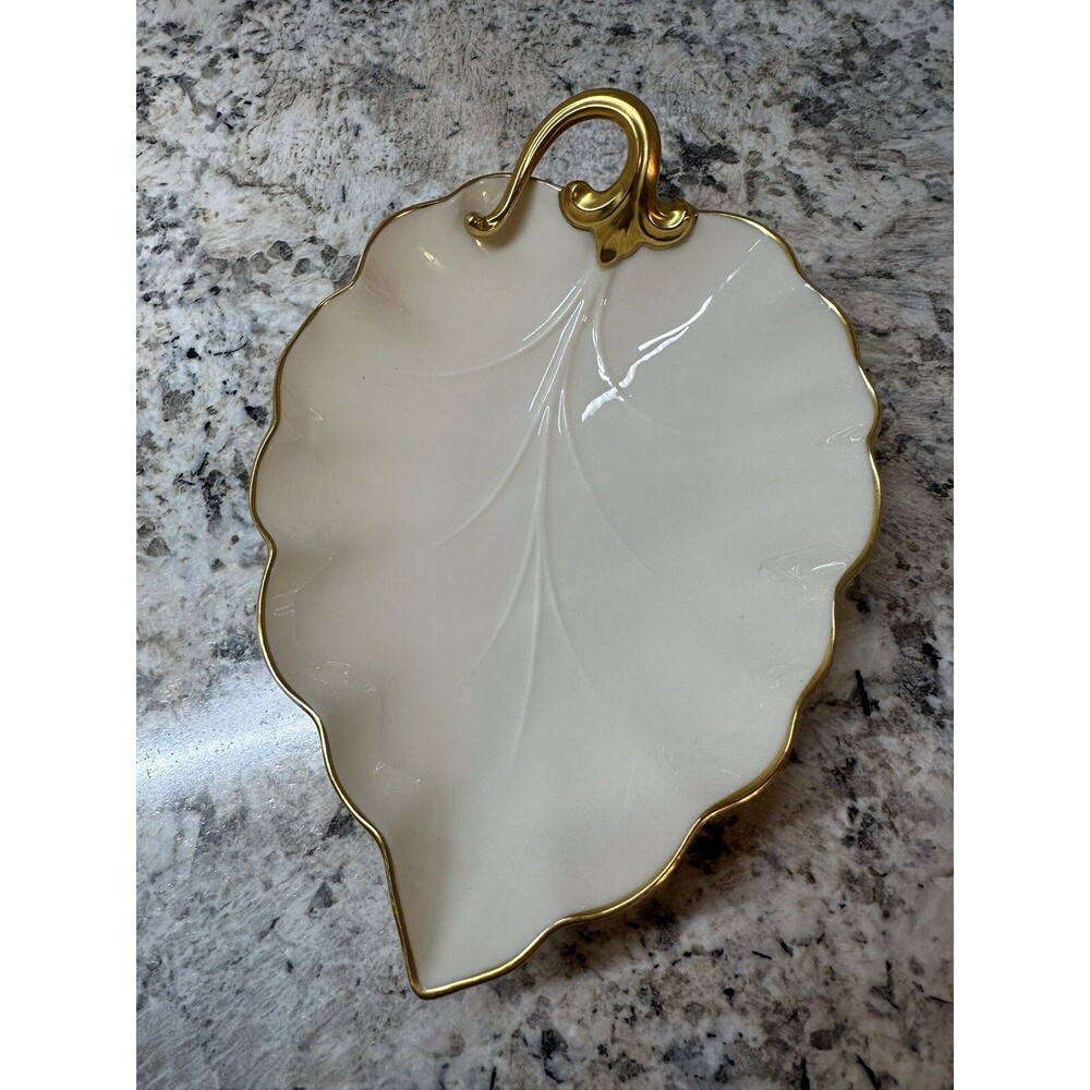 Vintage Lenox Hand Decorated With 24K Gold China Leaf Shaped Candy Dish